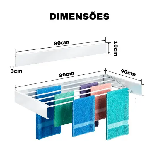 Varal Retrátil de Embutir 80 cm com 5 Varetas  Compacto, Dobrável e Resistente e Anticorrosão