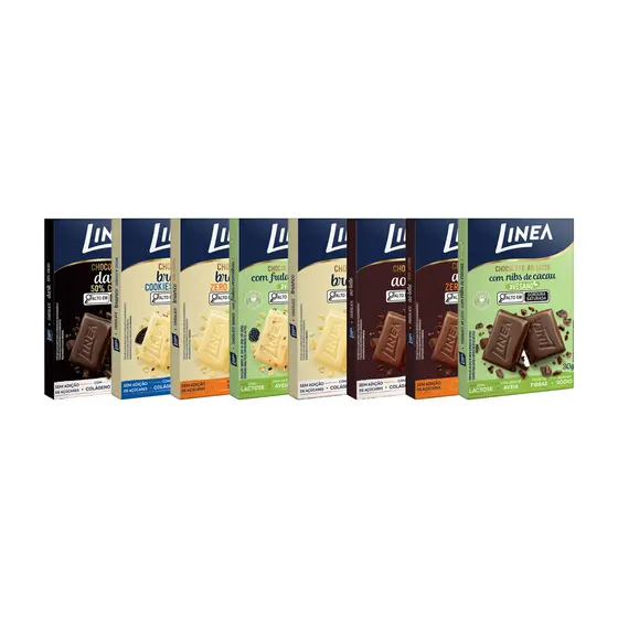 Kit 8 Chocolates Individuais Linea Sabor Ao Leite, Ao Leite Zero Lactose, Branco, Branco Zero Lactose, Branco Cookies’n