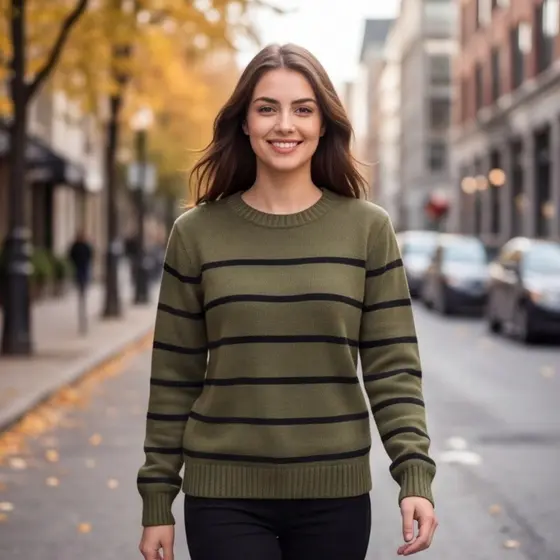 Blusa Feminina de Tricô Listrada Manga Longa Gola Redonda Casual Confortável Inverno Elegante