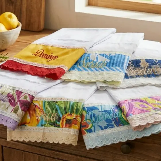 Pano de Prato Semaninha Bordado | Kit com Cada Dia da Semana em Algodão de Qualidade