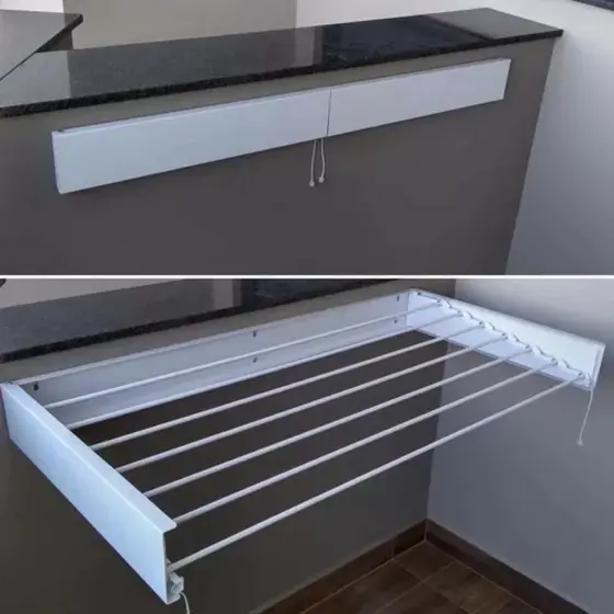 Varal Retrátil de Parede Mágico 60/70/80/90/100/120cm em Aço galvanizado –Compacto, Dobrável e Antiferrugem