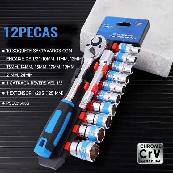 Kit Jogo De Soquete Sextavado 1/2 Catraca 12 Peças 10 a 22mm com Extensão