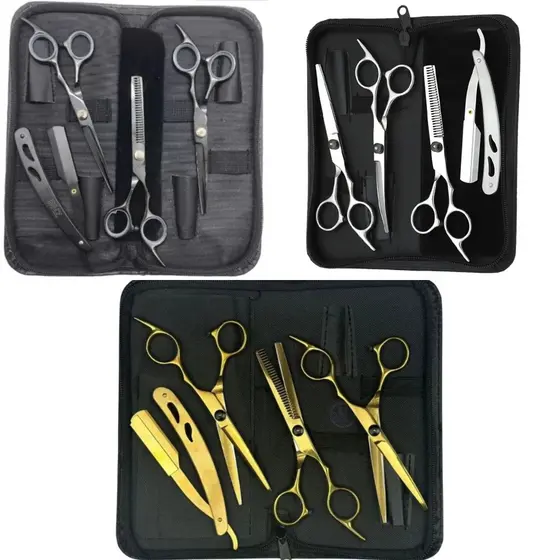 Kit 3 Tesouras Fio Navalha Desfiadeira Profissionais Para Cabeleireiro/Barbeiro