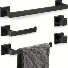 Kit Acessórios Para Banheiro 5 Peças Inox Quadrado 60cm Toalheiro De Banheiro Preto/Dourado/Prata