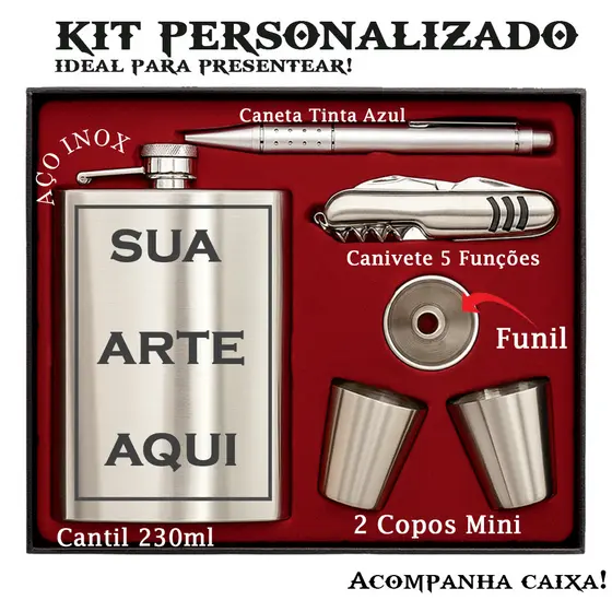 Kit Cantil Personalizado Inox Premium Copos Caneta Canivete Funil Bebida Whisky Laser Presente