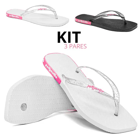 Kit Chinelo Feminino Casual Leve Flexivél Branco Preto