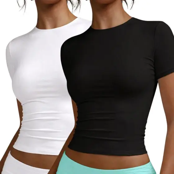Kit 2 Blusa Baby Tee Feminina Blusa Slim Fit Manga Curta Camiseta de Compressão Baby Look