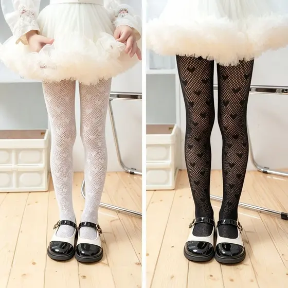 Meia Calça Arrastão com Coração Infantil Super Estilosa para Festas Presente Perfeito Preto/Branco
