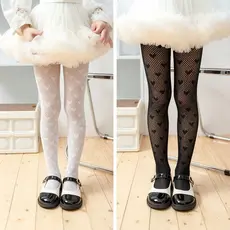 Meia Calça Arrastão com Coração Infantil Super Estilosa para Festas Presente Perfeito Preto/Branco