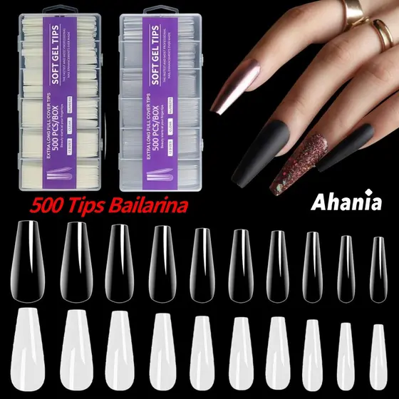 500 Unhas Tips Unha Postiças Modelo Bailarina Longa Cor Transparente E Bege Estojo Acrilico