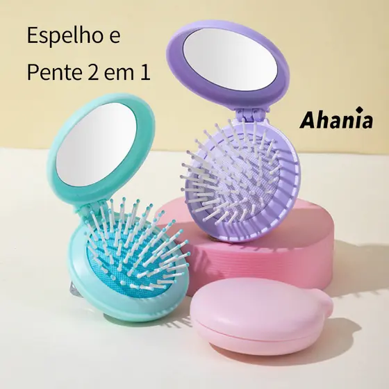 Ahania Kit de 2 Peças Mini Escova de Cabelo Dobrável Com Espelho 2 em 1 ,  Portátil e Perfeita Para Bolsa