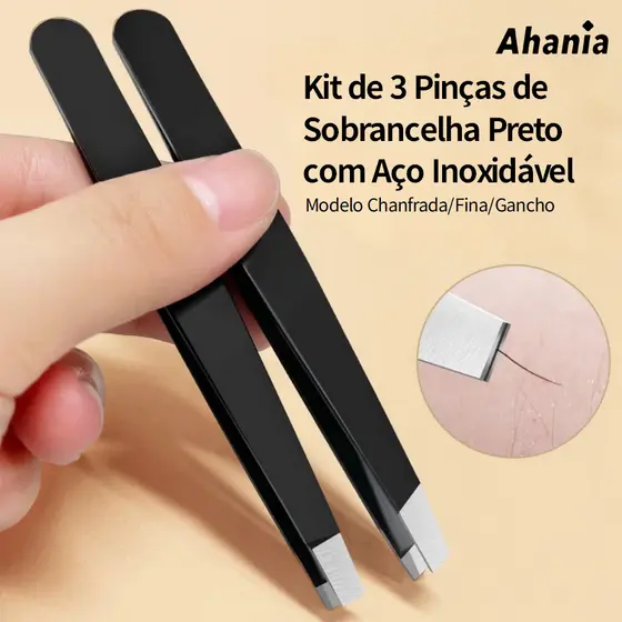 Kit de 3 Pinças de Sobrancelha De Aço Inoxidável Preto, Modelo Chanfrada/Fina/Gancho,Ferramenta Preparação De Precisão