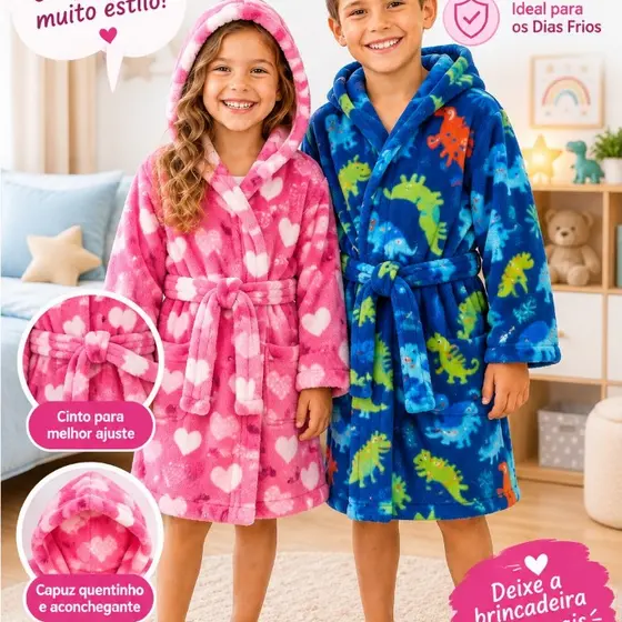 Roupão de Banho Infantil com Capuz / Varias cores Conforto e Elegancia