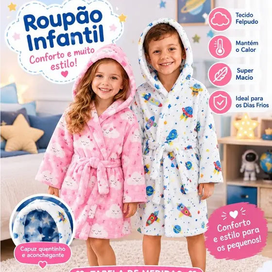 ROUPÃO DE BANHO COM CAPUZ INFANTIL ATOALHADO SUPER MACIO MENINA E MENINO ESTAMPADOS E LISOS
