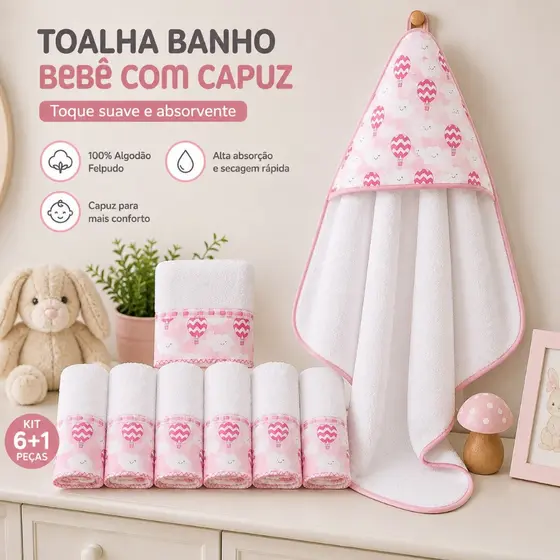 Toalha de Banho Bebe com Capuz + Kit 6 Toalhinhas Boca Bebê Babete Estampas Suaves e Delicadas
