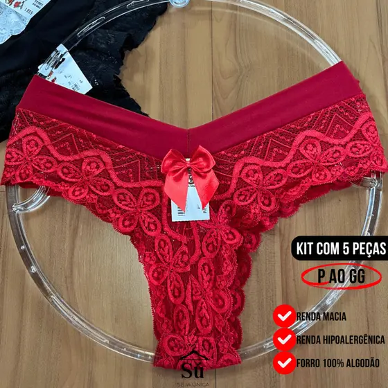 Kit 3 ou 5 Calcinhas Tanga Renda Luxo Trabalhada Forro em Algodão Cós Microfibra