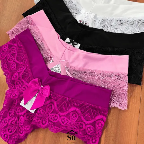 Kit com 5 ou 10 Calcinhas Tanga Renda Luxo Trabalhada Forro em Algodão Cós Microfibra