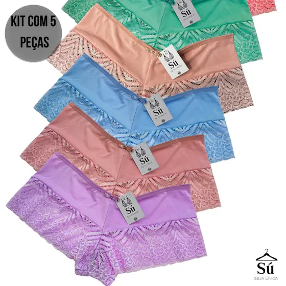 Kit 5 ou 3 Calcinhas Luxo Renda Box Shortinho Cueca Feminina Forro Algodão