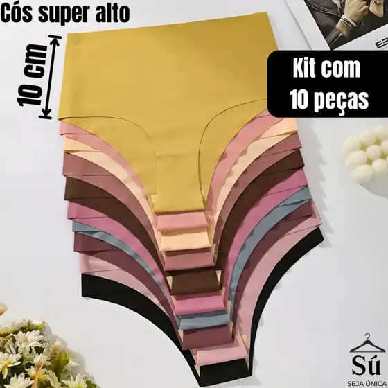 Kit 10 ou 5 Calcinhas Cós Alto Sem Costura Corte a Laser Conforto Não Marca Forro 100% Algodão