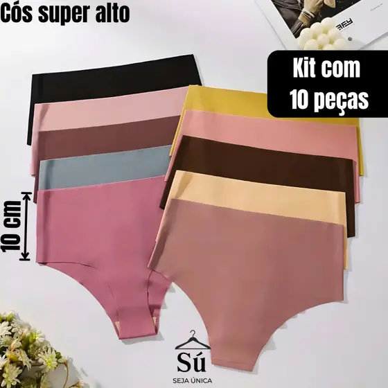 Kit 10 ou 5 Calcinhas Cós Alto Sem Costura Corte a Laser Conforto Não Marca Forro 100% Algodão