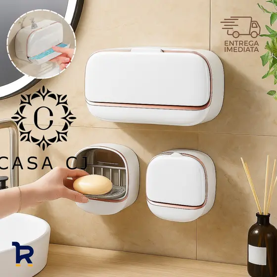 Kit Saboneteira Porta Sabão Duplo com Adesivo para Fixação Parede Banheiro Bandeja Dreno Sabão Seco