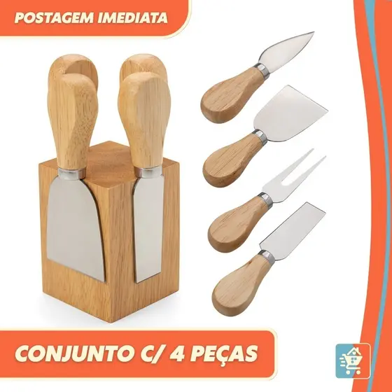 Jogo Conjunto 4 Peças para Queijo Kit em Aço Inox com Cabo de Madeira em Bambu