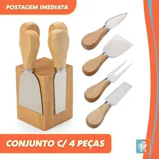 Jogo Conjunto 4 Peças para Queijo Kit em Aço Inox com Cabo de Madeira em Bambu
