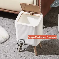 Lixeira Resistente 9L Branca Pés de Bambu Tampa Click de Pressão para Cozinha Banheiro Escritório