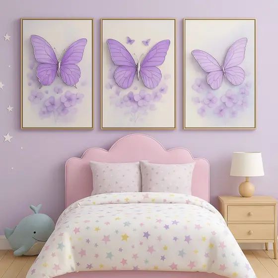 Trio Quadros Borboletas Floral Quarto Infantil Menina Bebê | Kit Decorativo Painel Parede Lavanderia Decoração Sala Casa