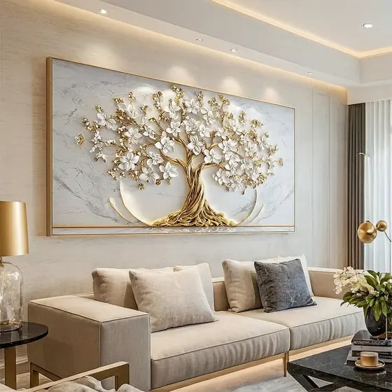 Quadro Luxo 3D Árvore da Vida Dourada Floral em Relevo Mármore | Decoração Sala Estar Grande Moderno Abstrato 110X70
