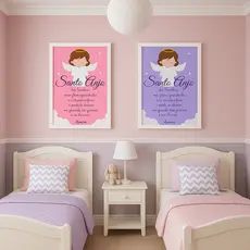 Quadro Decorativo Infantil Menina Oração Do Santo Anjo Do Senhor, Para Quarto De Criança, Cor Rosa Lilas