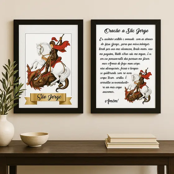 Quadro Decorativo Religioso São Jorge com Oração Arte de Proteção e Fé para Sala e Quarto Sacra moderna espiritual luxo