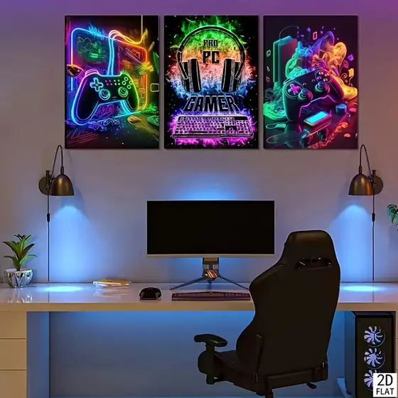 Quadro Gamer Neon 3 Peças Decorativo Kit Painel Parede LED RGB Controle Playstation Xbox PC | Decoração Quarto Escritóri