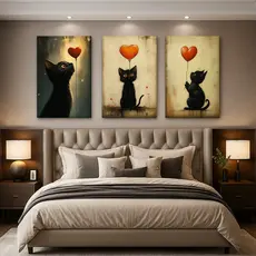 Trio de Quadros Decorativos Gatos Pretos com Balão Vermelho Coração 60x40 – Quadro Sala Quarto Pet Lovers Moderno e Fofo