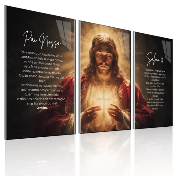 Quadro Decorativo Jesus Pai Nosso Salmo 91 Kit 3 Peças MDF Sala Quarto Fé e Proteção Oração Quadros Religiosos 3 PEÇAS