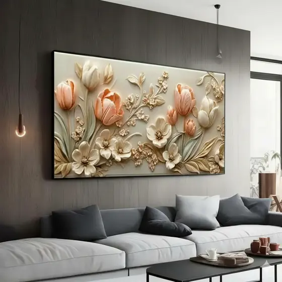 Quadro Flores 3D em Relevo Tulipas Branco e Pêssego Decoração Sala Quarto Grande Luxo Elegante Moderno