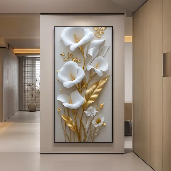 Quadro Relevo 3D Texturizado Copo de Leite Dourado Luxo Sala Jantar Hall Entrada Grande | Flores Brancas Moderno