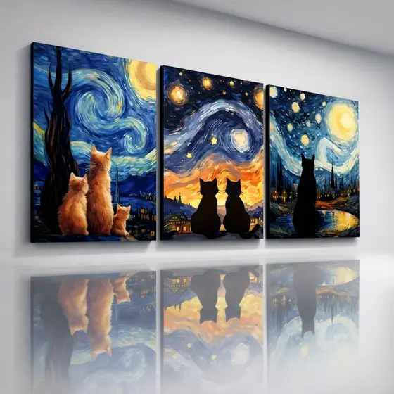 Trio de Quadros Decorativos Gatos Noite Estrelada Van Gogh Arte Abstrata Moderna Parede Sala Quarto Conjunto Kit 3 peças