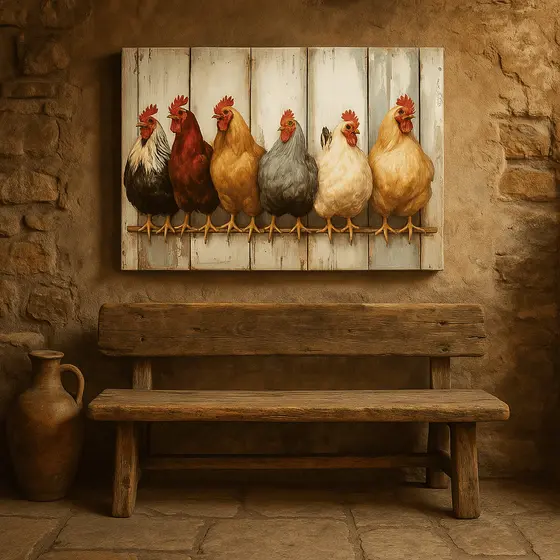 Quadro Decorativo Galinhas e Galo Estilo Fazenda Rústico Cozinha Casa de Campo Parede Sala Decoração Moderna