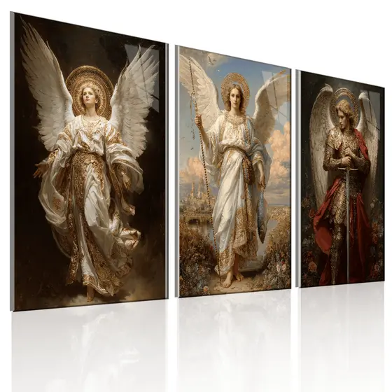 Trio de Quadros Decorativos Anjos Barrocos Sala Quarto Parede Religioso Clássico Arte Sacra Dourado Branco Espírito Sant