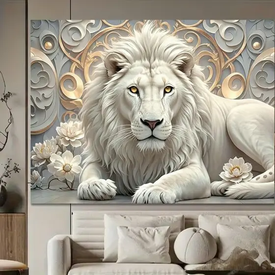 Quadro Leão Branco Luxo Sala Quarto Decoração Parede Abstrato Relevo 3D Dourado Animal Realeza Grande Imagem Moderna