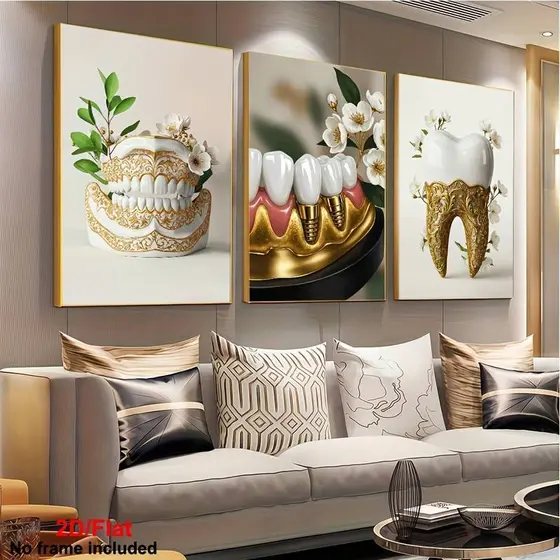 Quadro Decorativa Consultório Odontológico Boca Dourada Dente Implante Decoração Clínica Dentista