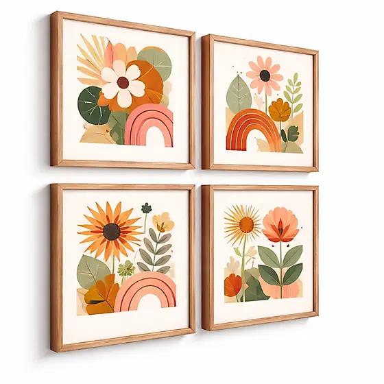 Kit 4 Quadros Decorativos Infantis Boho Chic Arco-Íris e Flores Tons Terrosos Quarto de Bebê Menina