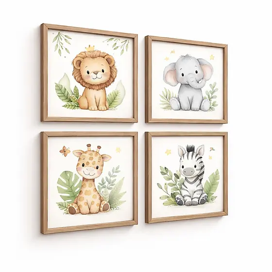 Kit 4 Quadros Decorativos Safári Infantil Com Moldura Madeira Quarto Bebê Menino Menina Aquarela Leão Elefante Safari Cu