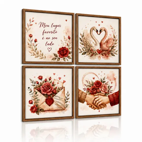 Kit 4 Quadros Decorativos Quarto Casal Romântico Frase Amor Presente Namorados Cabeceira Cama