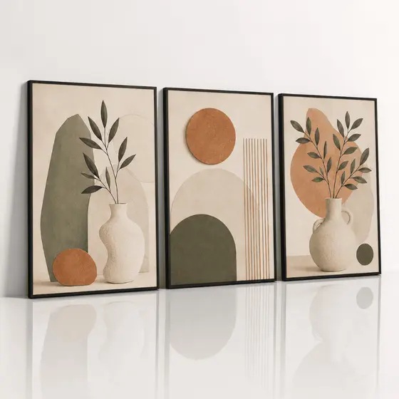 Kit 3 Quadros Decorativos Abstratos Boho Terracota Verde Vasos Folhagens Geométricos Para Sala Quarto Escritório Moderno