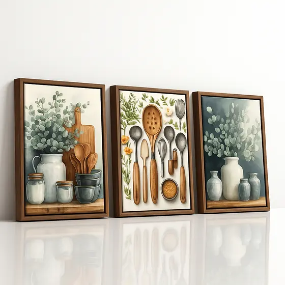 Kit 3 Quadros Decorativos Cozinha Utensílios Cantinho do Café Gourmet Decoração Vintage Escandinava Folhagens Rústico