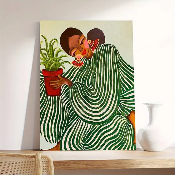 Quadro Minimalista Mulher com Planta Decoração Estilo Africano Elegante e Único Lady Sitter