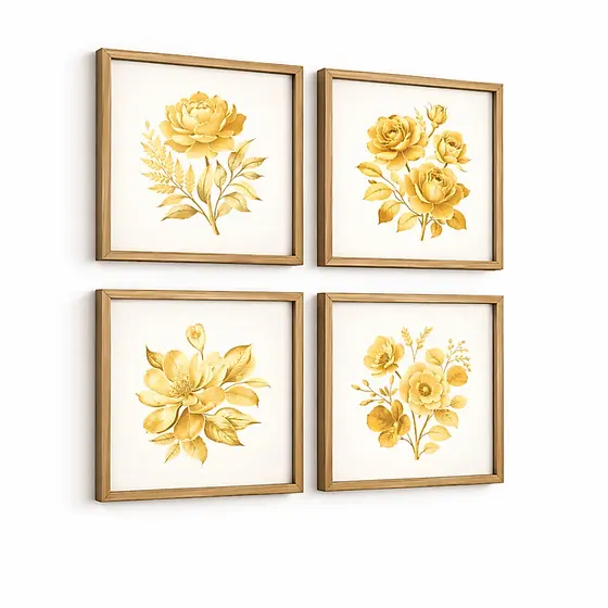Kit 4 Quadros Decorativos Florais Boho Chic Dourado Para Sala Quarto Escritório Decoração Luxo