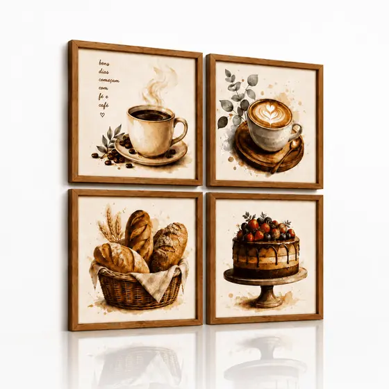 Kit 4 Quadros Decorativos Cozinha Café Padaria Cafeteria Pães Bolos Cantinho do Café Decoração Gourmet Parede Arte Café